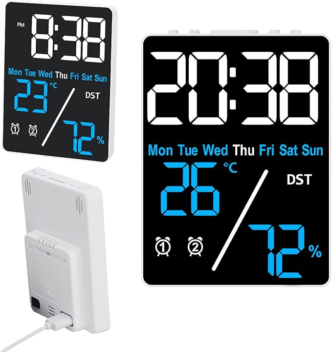 Kytree Digital Room Thermometer Hygrometer Alarm Clock, 5.9 inch Desktop Accurate Humidity Temperature Monitor Meter for Indoor Outdoor Kitchen Office Bedroom Livingroom (Battery Not Included)