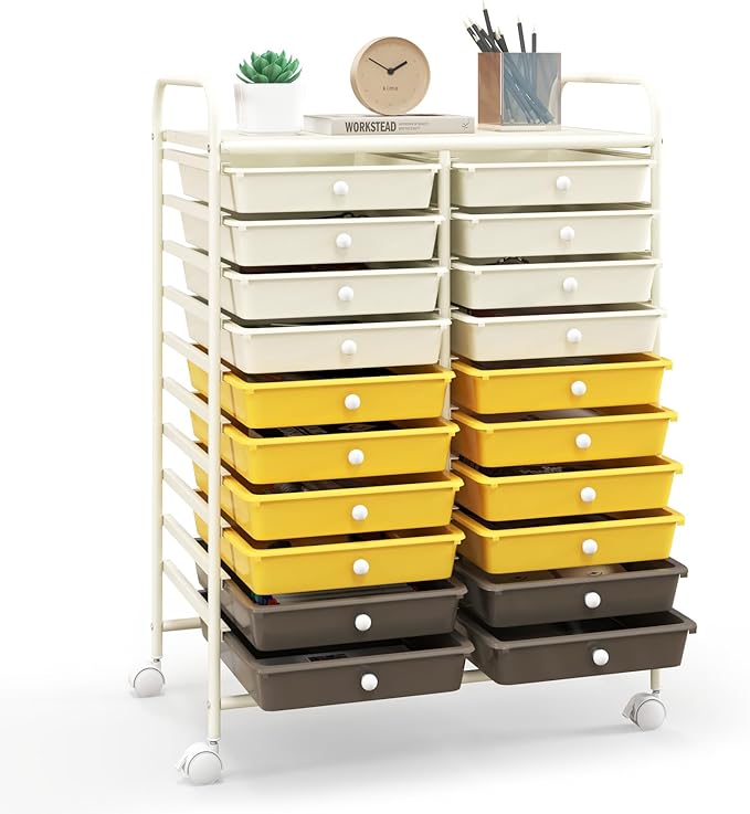 Happygrill 20-Drawer Organizer Cart Tools, Mobile Utility Storage Cart with Removable Drawers & Lockable Wheels, Rolling Storage Cart with wheels for Home Office School (Yellow, Beige & Grey)