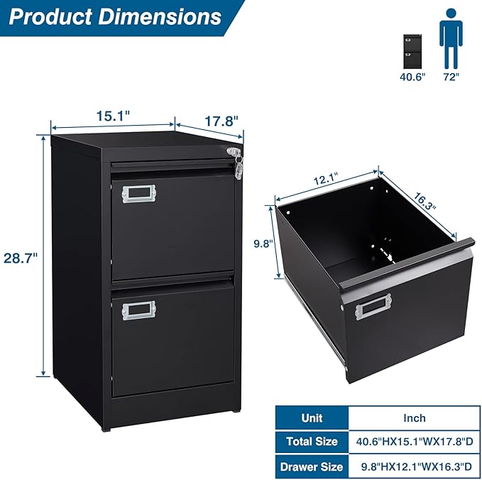 PEUKC 2-Drawer File Cabinet, 16.3" Deep Vertical Metal Filing Cabinet with Lock for Home Office, Anti-Tip 2 Storage Drawers for Letter/Legal/A4/F4 Size (Assemble Required, Black)