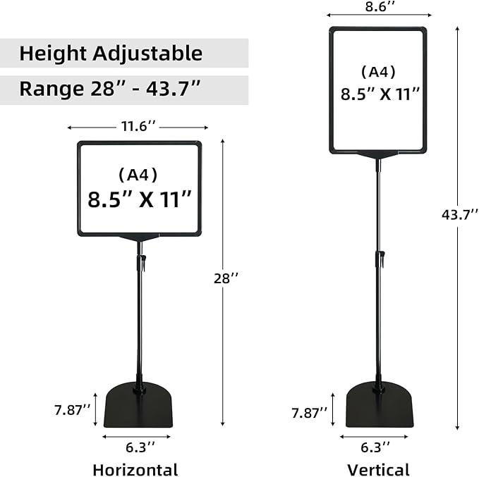 ONCEMORE Sign Holder, 8.5 x 11 Inch Sign Stand with Adjustable Height Snap Open, Reusable Sign Stands for Display Advertising Business Signage, Vertical and Horizontal Two View Modes (Black, 6 Pack)