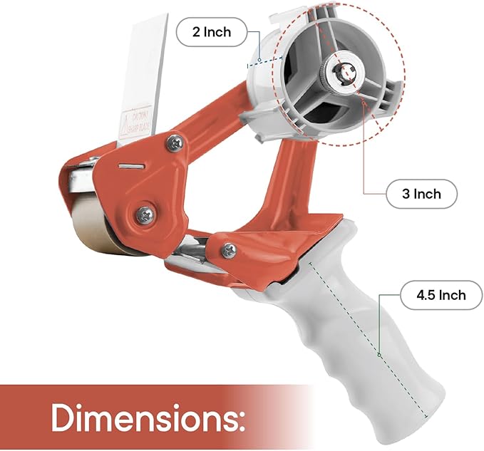 TAPEWELL Heavy Duty Metal Frame Orange Packing Tape Dispenser 3 Inch Core with Special Ergonomic Handle, Tape Gun for Packing Boxes with Premium Tempered Steel Blade - for 2 inch Wide Roll