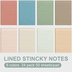 24 Pack Lined Sticky Notes 4X6 in Self Sticky Note Pads Colorful Post Stickies for Office, Home, School, Meeting, 50 Sheets/pad, Morandi
