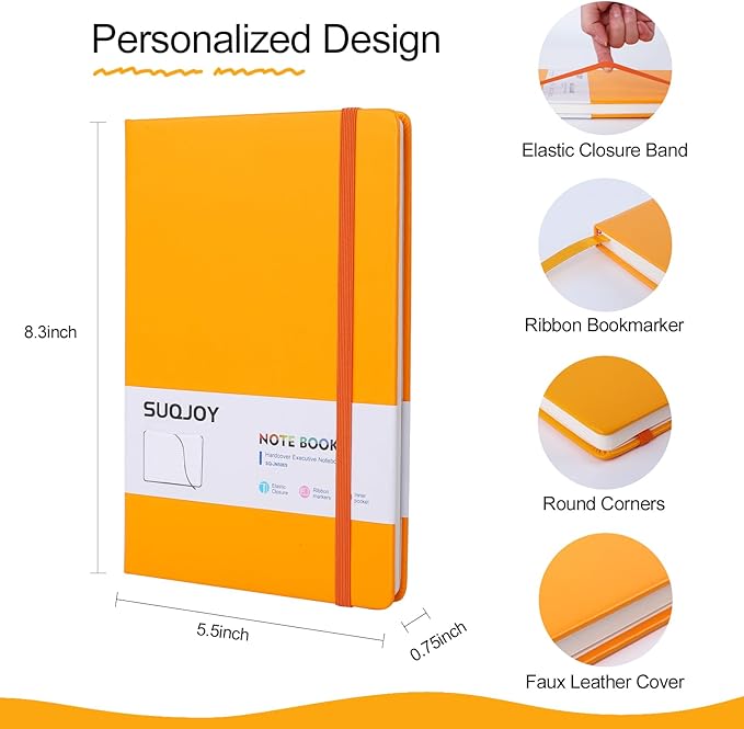 SUQJOY Lined Journal Notebooks for Writing, 100 GSM Thick Paper, 1 Pack Hardcover Notebooks, A5 College Ruled Notebook, Journaling Notebook for School/Travel/Office (Orange- 1 Pack)