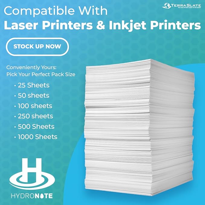 TerraSlate Waterproof Paper - Hydronote 54lb Multipurpose Copy Paper 8.5” x 11”, Bulk White Paper, Inkjet Printer and Laser Printer Paper Compatible - Weather/Rain Proof, Durable (1000 Sheets)