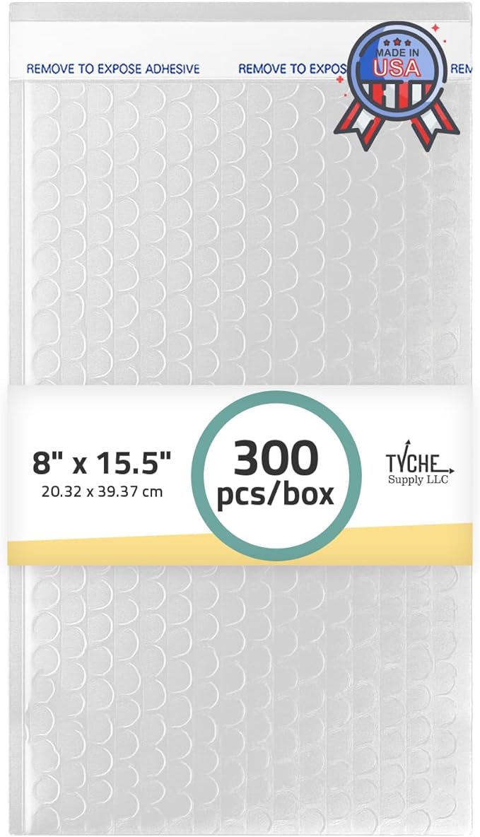 TYCHE Clear Bubble Bags 8 x 15.5 in / 20.32 cm x 39.37 cm Self-Sealing Bubble Mailer, Shipping Bags, Bubble Wrap Pouches, Padded Mailing Envelopes 300 Pack MADE IN USA (8" x 15.5", 300.0, Count)