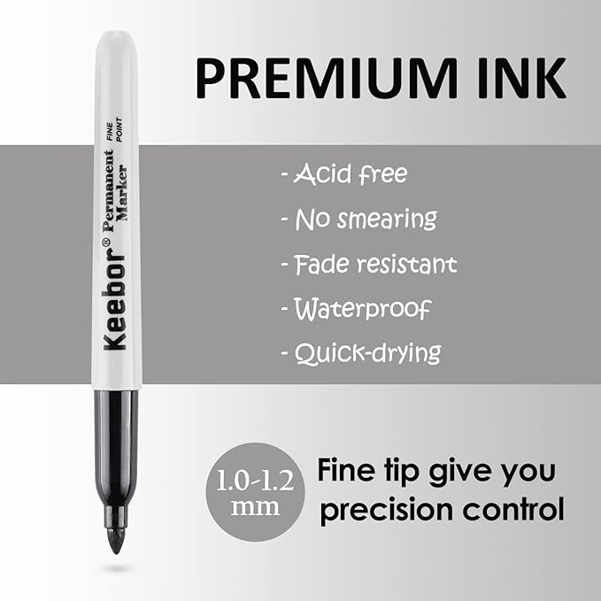 Keebor Black Permanent Markers Bulk of 100 Pack, Fine Point Permanent Marker Set, Waterproof, Quick Drying, School & Office Supplies