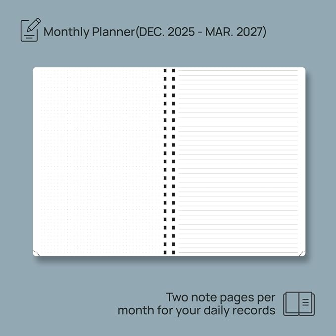 POPRUN 2026-2027 Monthly Planner A4 Size, 16 Months Calendar (Dec 2025-Mar 2027), 2 Pages per Month with Dotted & Lined Note, Monthly Tabs, Spiral Softcover, 2 Inner Pockets - Brown