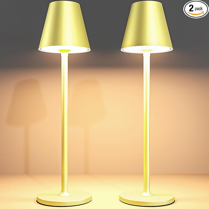 Timjorman 2-Pack Cordless Table Lamps - 5000mAh Rechargeable Battery Operated Desk Lamp, 3-Level Dimmable LED Night Light for Bedroom, Dining, Restaurant - Metal Design (Champagne Gold 2Pack)