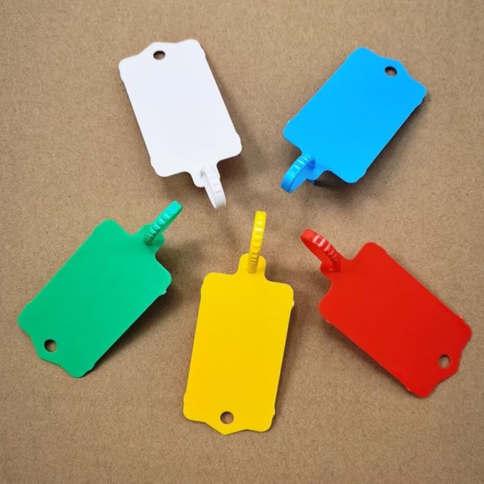 100pcs Reusable Blank Plastic Tags Ties Key Tags 1.45"*2.48" Serrated Tension Sealing Strap with Large Label Plastic Tie Mark Label Waterproof Hang Sign Write on Tag (5 Colors Mixed, 100pcs)
