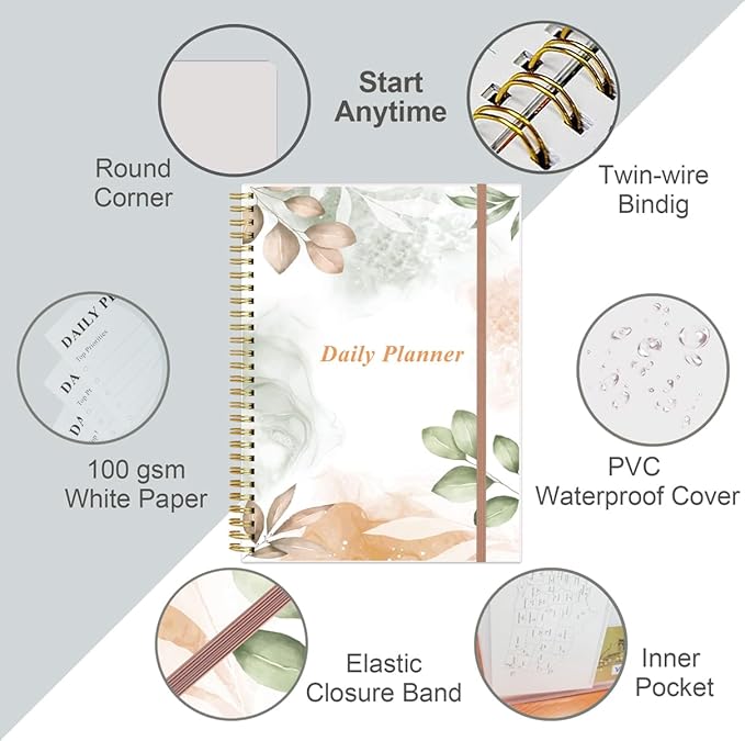 Daily Planner Undated - B5 To Do List Notebook Hourly Schedules, Spiral Appointment Planner for Women and Men, PVC Hardcover, Inner Pocket, Elastic Closure, 7" x 10", Rose Leaf