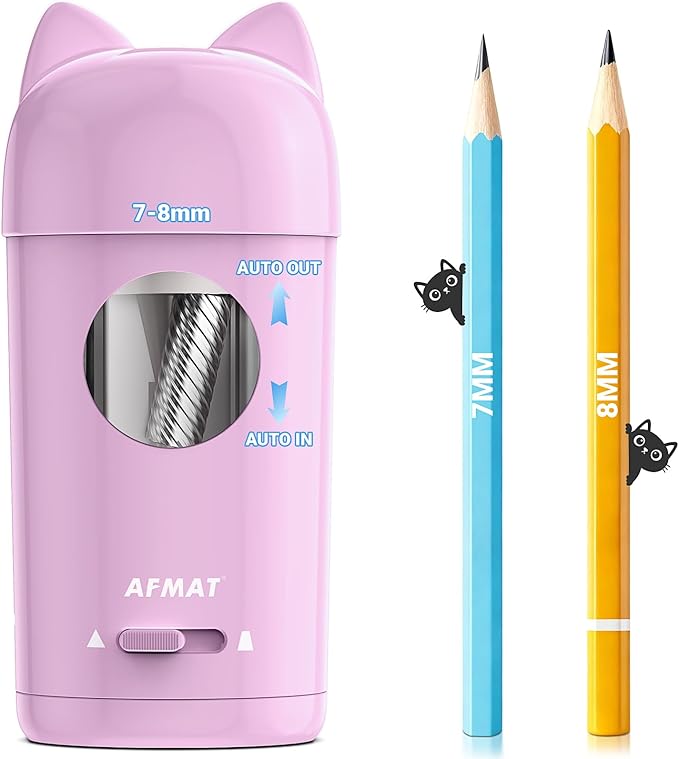 AFMAT Electric Pencil Sharpener, Automatic Pencil Sharpener, Auto in & Out, Colored Pencil Sharpeners for φ7-8mm Pencils, Rechargeable & Cordless, Battery Powered for Classroom Home School PSX9