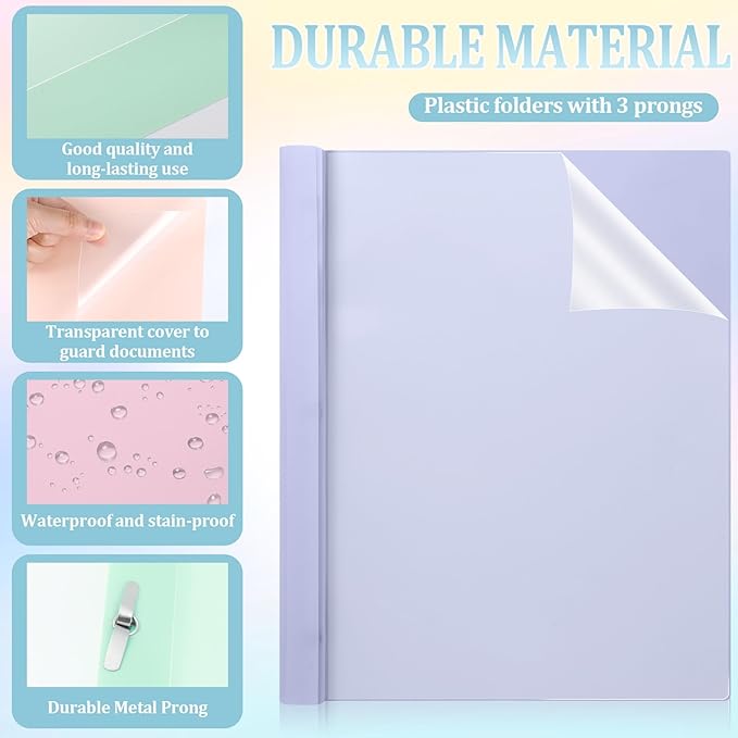 12 PCS Pastel Plastic Report Covers with 3 Prongs Clear Front Presentation Folders 3 Prong Folders for Resume Portfolio Document Report Letter Proposal School Classroom Office Supplies (Pastel)