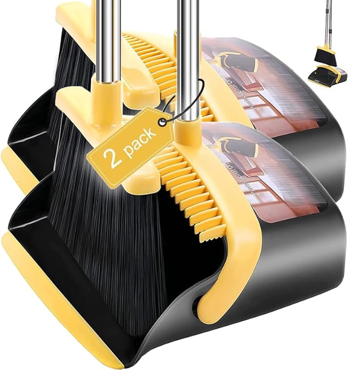 Brooms with Dustpan Combo Set， with 52" Long Handle, Dustpan Teeth with self-Cleaning Function, Indoor and Outdoor Sweeping, Perfect for Home Office (Large/Yellow/ 2-Pack)