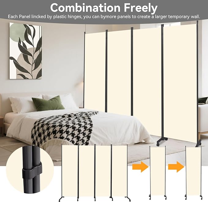 Room Divider (4 Panel) Wall Divider for Room Partition, 88 inch Metal Frame Wide Portable Privacy Screens W/Wheels, Freestanding Room Separators 5.6FT Room Divider Panel