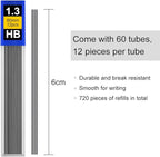 Coopay 720 Pieces Lead Refills 1.3 mm HB Break Resistant Mechanical Pencil Refills, 12 Pack Per Tube, 60 Tubes(1.3 mm)