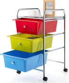 Giantex Rolling Cart with Drawers, Craft Organizer with Wheels, 3 Drawer Storage Container Bins for Back to School Office Scrapbook Paper Tools Red, Green & Blue