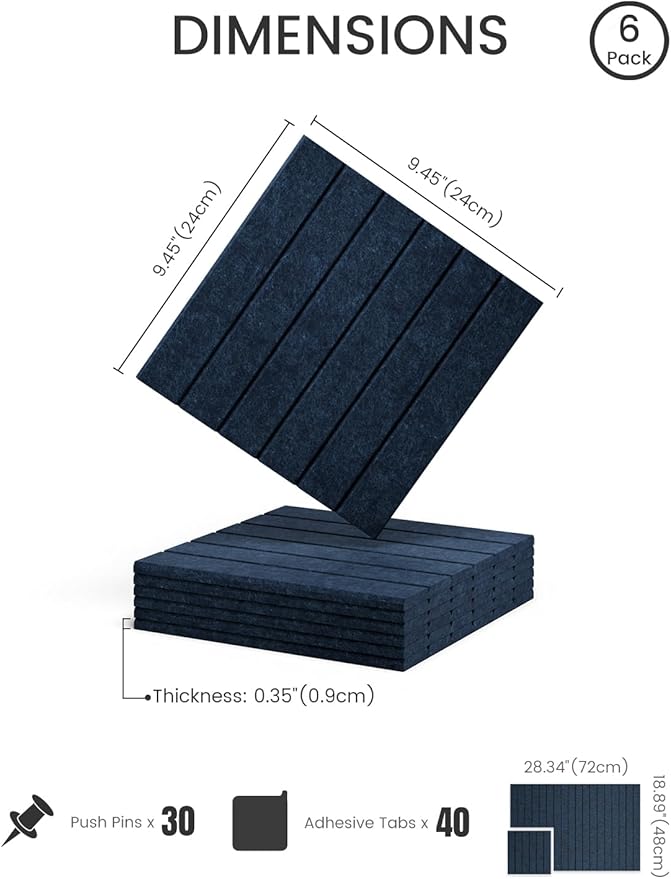 Fluxynara Felt Bulletin Board Tiles -28"x18" with 40 Adhesive Tabs, Cork Board Alternative for Office Decor, Push Pin Board Wall Organizer 6-Pack (Carbon Blue)