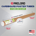 Paclord 3" x 60" Reinforced Kraft Paper Mailing Tube, Pack of 6 Tubes with 12 Caps – Secure USPS Approved Poster Tube – Cardboard Tube for Shipping and Storing Posters, Prints, Artwork, or Documents