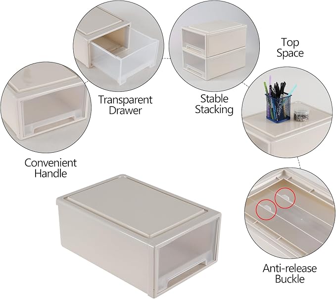 Xyskin 4-Pack 12 Quart Plastic Compact Stacking Drawer Unit, Stackable Desktop Storage Drawer Box