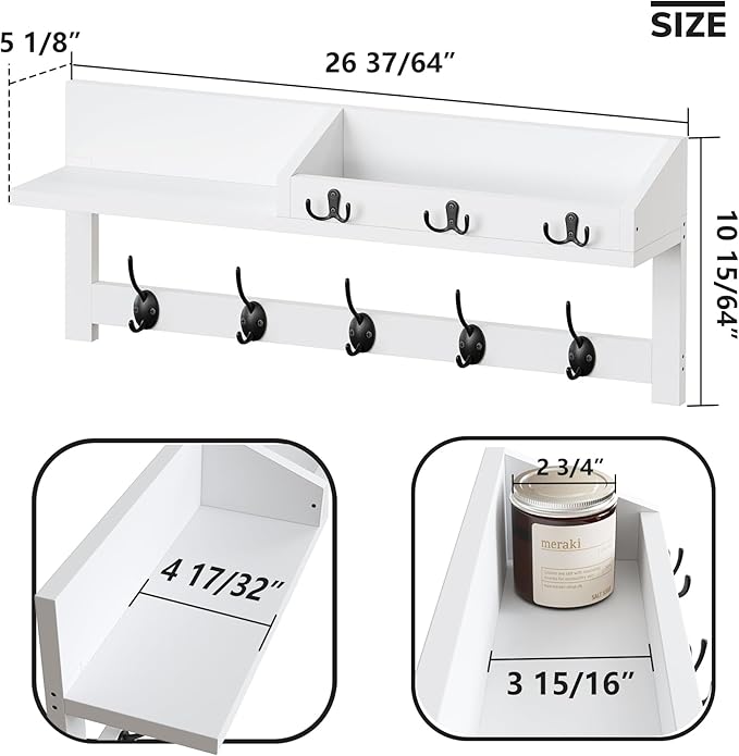 AMBIRD Wall Hooks with Shelf, 26.57 Inch Entryway Wood Coat Hooks for Wall, Coat Rack Wall Mount with 5 Dual Hooks 3 Key Hooks Mail Organizer and Key Rack Holder (White)