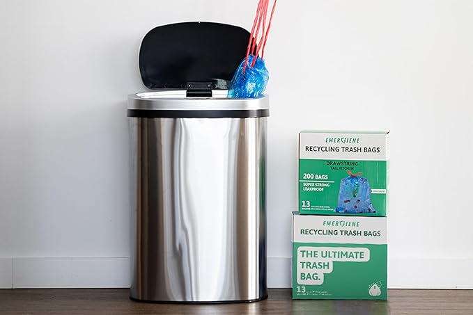Emergiene 13 Gallon Recycling Trash Bags, 200 Count Drawstring Tall Kitchen Garbage Bags, Pre-Separated, Unscented, Ultra Strong, Leakproof, Sturdy, Translucent Blue