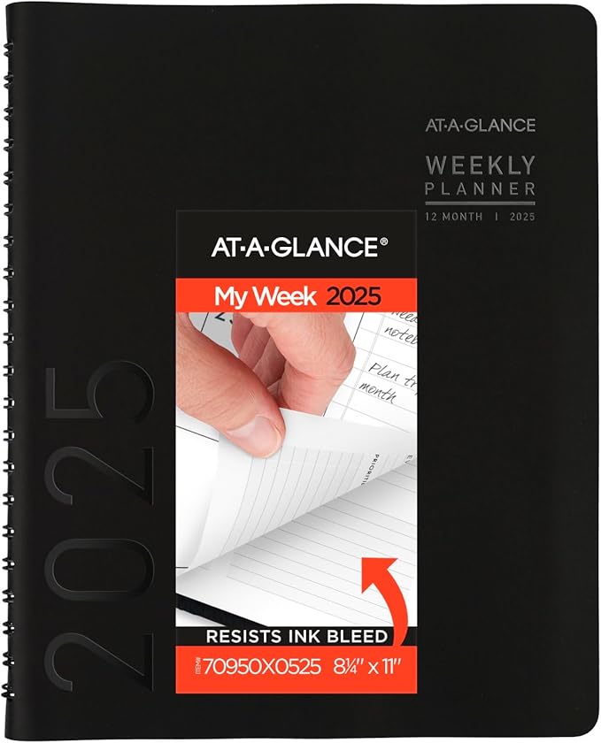 AT-A-GLANCE 2025 Appointment Book Planner, Weekly & Monthly, 8-1/4" x 11", Large, Half-Hourly, Contemporary, Black (70950X0525)