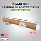 4" x 48" Reinforced Kraft Paper Mailing Tube, Pack of 1 Tube with 2 Caps – Secure USPS Approved Poster Tube – Made in USA Cardboard Tube for Shipping and Storing Posters, Prints, Artwork, or Documents