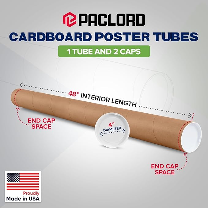 4" x 48" Reinforced Kraft Paper Mailing Tube, Pack of 1 Tube with 2 Caps – Secure USPS Approved Poster Tube – Made in USA Cardboard Tube for Shipping and Storing Posters, Prints, Artwork, or Documents