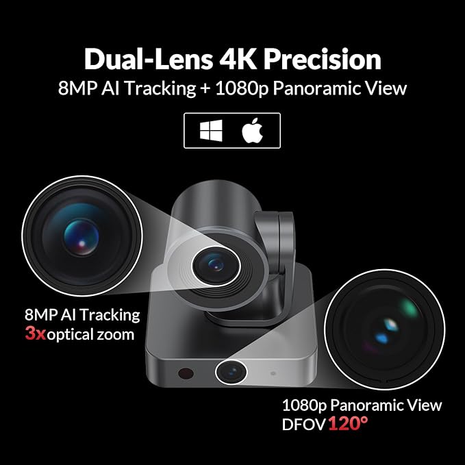 AV Access 4K Conference Room Camera, Dual Lens Cam(4K AI Tracking Cam and 1080P Panoramic Cam),3X Optical/5X Digital Zoom, 120° FOV, Auto Framing, Individuals Gallery, Works with Meet,Teams,Zoom