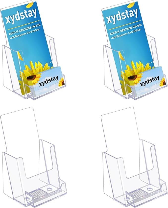 xydstay 4x9 Acrylic Brochure Holder with Business Card Holder, Clear Display Stand, Plastic Table stand Sign Holder, Pamphlet Holder Flyer Holder, Acrylic Display Stand for Office, Home, Store, 4 Pack
