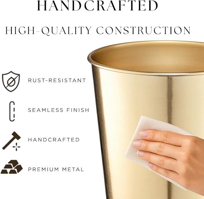 Monarch Abode Metal Bathroom Trash Can – Waste Basket for Bedroom, Office Desk, & Dorm, Handcrafted, Durable Decorative Brushed Gold Small Trash Can Bathroom Garbage Bin Wastebasket