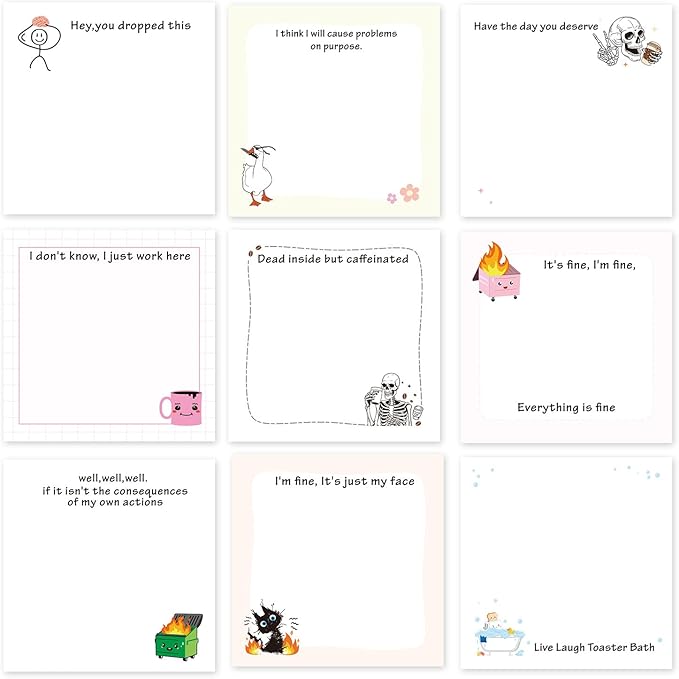 Lovarywow Funny Sticky Notes Gifts - 9 Pack Funny Sticky Notes 3x3 Inch Funny Office Gifts for Coworkers Everything is Fine Post Notes Work Gag Self-Stick Memo Pad Office School Supplies 450 Sheets