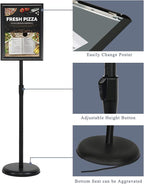 VAIIGO 8.5 x 11 Inch Adjustable Pedestal Sign Poster Stand, Heavy Duty Floor Standing Sign Stand Aluminum Snap Open Display Frame for Vertical and Horizontal View Sign Displayed(Black)