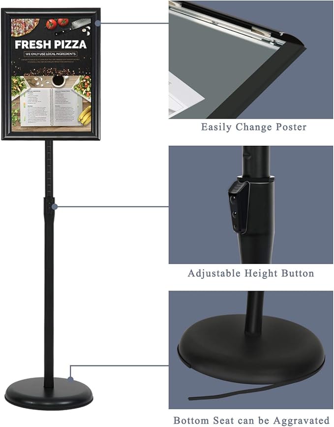 VAIIGO 8.5 x 11 Inch Adjustable Pedestal Sign Poster Stand, Heavy Duty Floor Standing Sign Stand Aluminum Snap Open Display Frame for Vertical and Horizontal View Sign Displayed(Black)