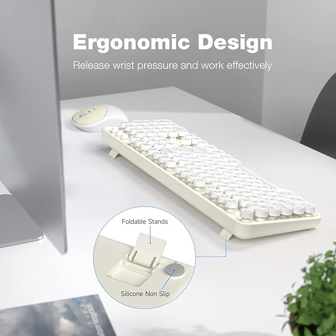 MOFII Wireless Keyboard and Mouse Combo, Computer Full Size 2.4G Plug and Play Wireless Typewriter Retro Round Keyboard and Mouse Set for Windows, Computer, Desktop, PC, Notebook - (Off White)