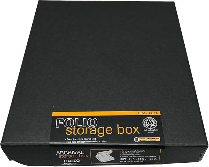 Lineco Folio Storage Box. Archival Clamshell with Metal Edge Boxboard, 11 x 14 x 1.75 Inches, Longevity Organize and Store Photos Documents Craft Cards Magazine Prints Wedding Dresses DIY, Black