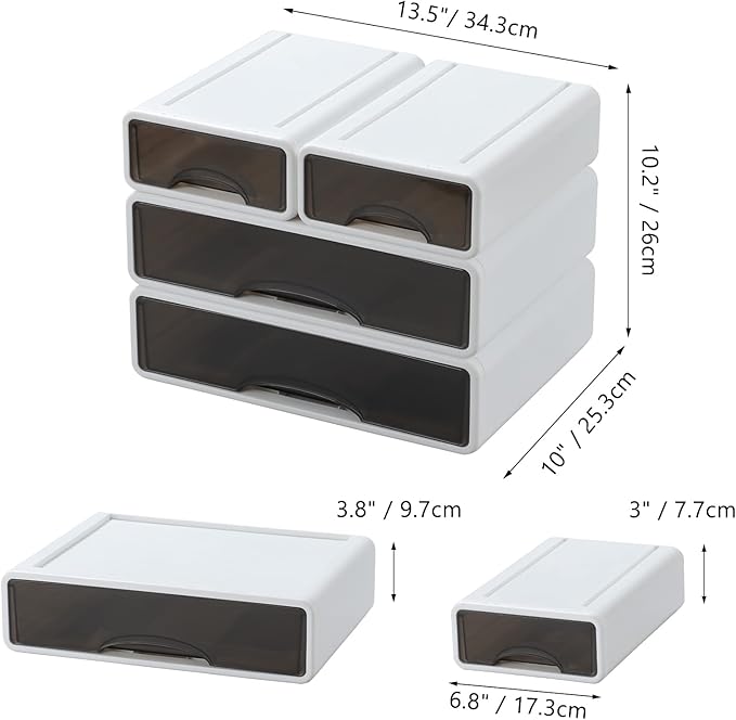 OSteed White Desktop Drawers for Paper, Stackable Office Storage Drawers for Desk, Craft Organizer and Storage Bins, 4 Mixed Storage Container with Plastic Drawers for Office Supplies Desk accessories