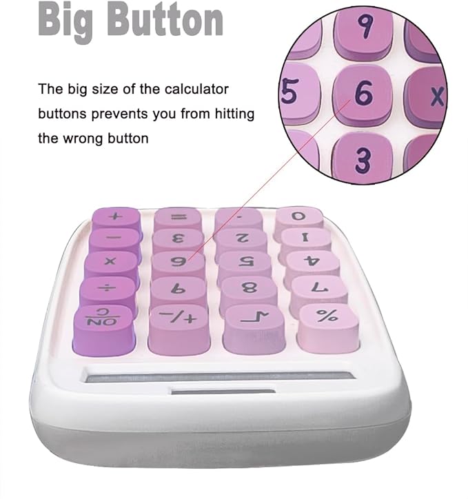 BTSEYAW Mechanical Calculator, Cute Calculator with Dual Power 8 Digit Tilt Screen and Big Button for Teachers Students Basic Office (White and Purple)