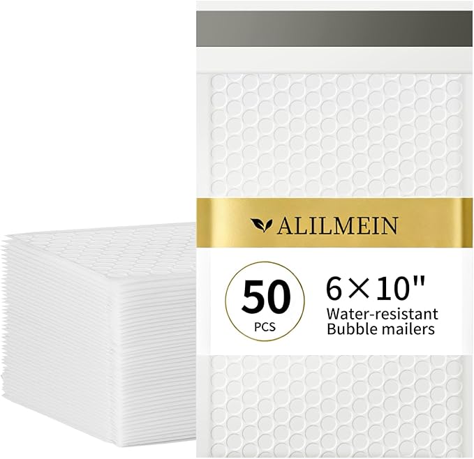 Alilmein 6×10" Inch Bubble Mailers 50 Pack Waterproof Padded Envelopes Self Seal Adhesive Shipping Bags for Mailing Cards Jewelry Makeup and Small Business Packaging