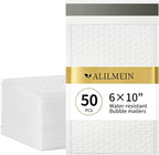 Alilmein 6×10" Inch Bubble Mailers 50 Pack Waterproof Padded Envelopes Self Seal Adhesive Shipping Bags for Mailing Cards Jewelry Makeup and Small Business Packaging