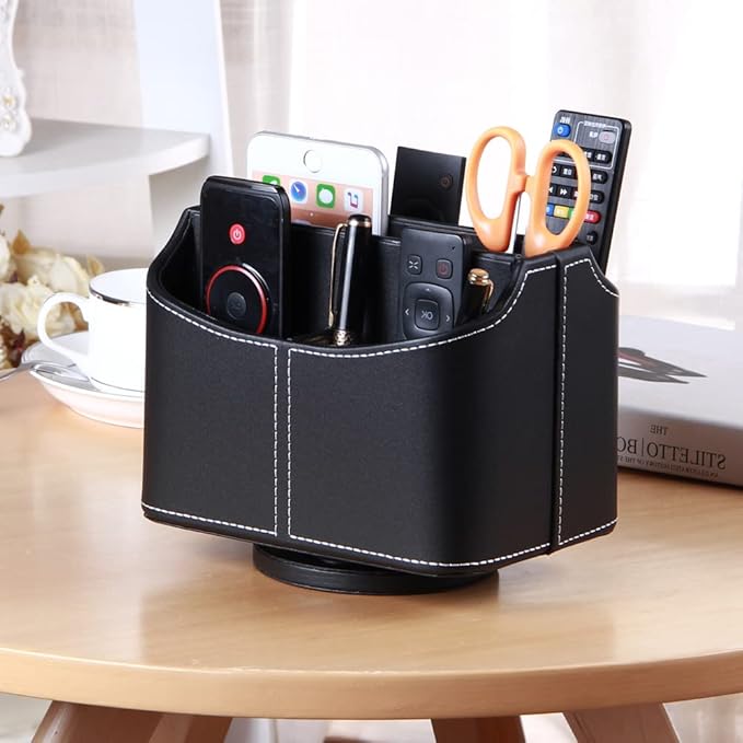 Remote Control Holder 360 Degrees Rotatable Desk Stationery Supply Organizer PU Leather Desktop Storage Box for Controllers Media Bedside Spinning TV Caddy iPad Mobile Pencil Cosmetic