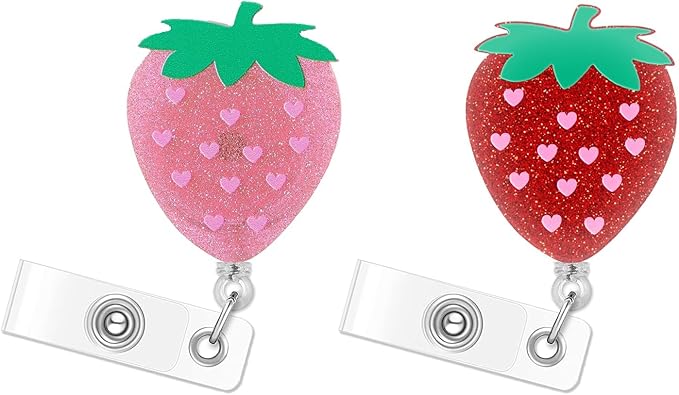 2Pcs Funny Strawberry Badge Reel Retractable for Nurse, Doctor, Medical Worker Nursing Student | Cute Pediatric Nurse ID Name Badge Holder 24” Durable Nylon Retractable Cord with Alligator Clip