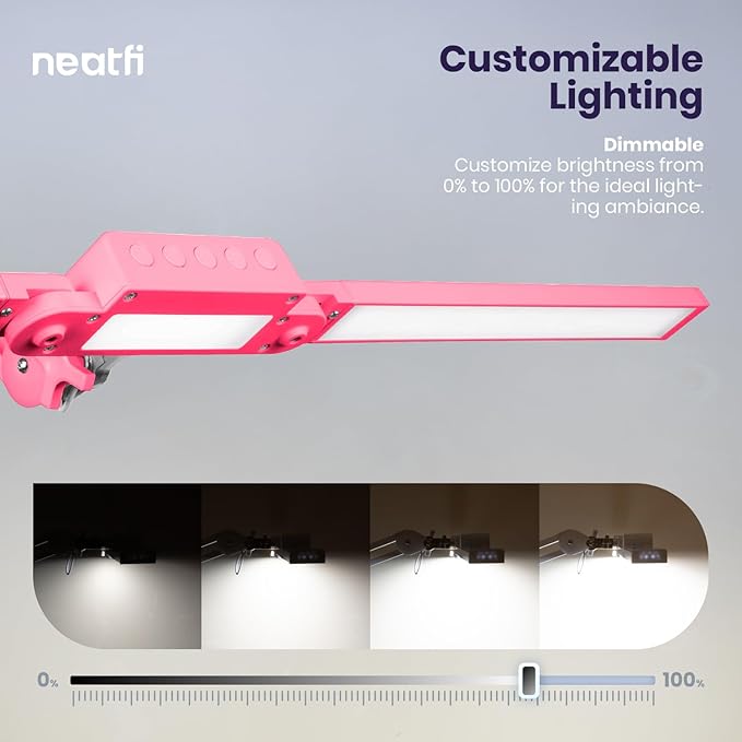 Neatfi LED Desk Lamp, Dimmable Desk Light with 360 SMD LEDs, 30W, CRI 95, Adjustable Color Temperature, Task Lamp for Home, Office, and Workbench (CCT, Pink, 41 Inches)