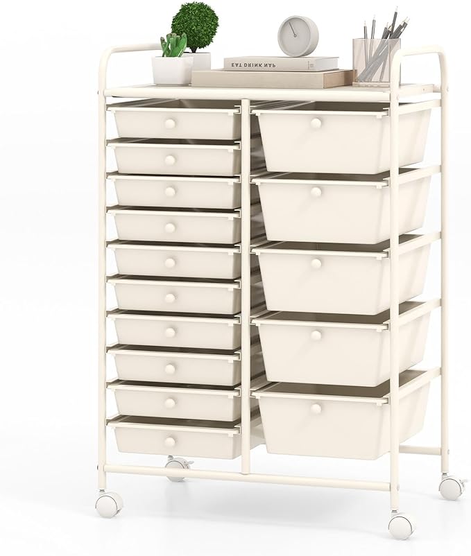 GLACER 15 Drawers Rolling Cart, Storage Cart with w/Removable Drawers & Steel Frame, Multipurpose Organizer Cart w/Sleek Handle, Utility Cart on Lockable Wheels for Home, School, Office (White)