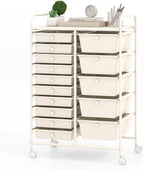 GLACER 15 Drawers Rolling Cart, Storage Cart with w/Removable Drawers & Steel Frame, Multipurpose Organizer Cart w/Sleek Handle, Utility Cart on Lockable Wheels for Home, School, Office (White)