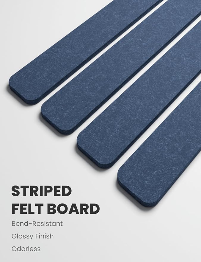 Fluxynara Cork Board Alternative Felt Strip Board 8-Pack 13"x2", Office Pin Board with 50 Push Pins, Adhesive Install for Bedroom Door & Home Office(Denim Blue)