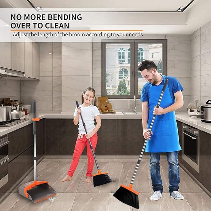 DJDTDTY 2-Pack is More economical，Upgraded Upright Broom and Dustpan Combo with 52" Long Handle, Dustpan Teeth with self-Cleaning Function, Indoor and Outdoor Sweeping, Perfect for Home Office.