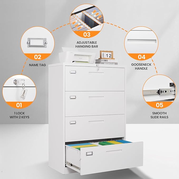 AFAIF 4 Drawer File Cabinets for Home Office, Metal Filing Cabinet with Lock, White Locking File Caninet Four Drawer, Office Storage Caninets Steel Cabnet for Letter/Legal/A4/F4-Assembly Required