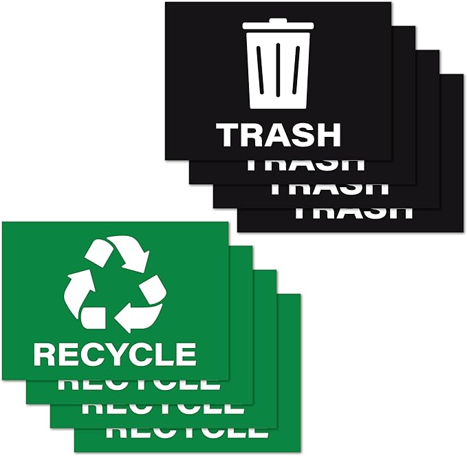 4pc Recycle Stickers + 4pc Trash Stickers | Weatherproof Vinyl Sticker Recycling Signs for Trash Bins, 7" x 10"