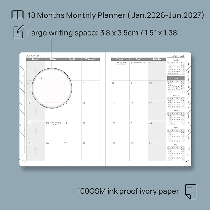 POPRUN Monthly Planner 2026-2027 (Medium- 6.5'' x 8.5'' Soft Cover), 18-Month Calendar Book (Jan.2026 - Jun. 2027), Calendar Planner with Monthly Tabs & Pocket, 100 GSM Paper - Purple